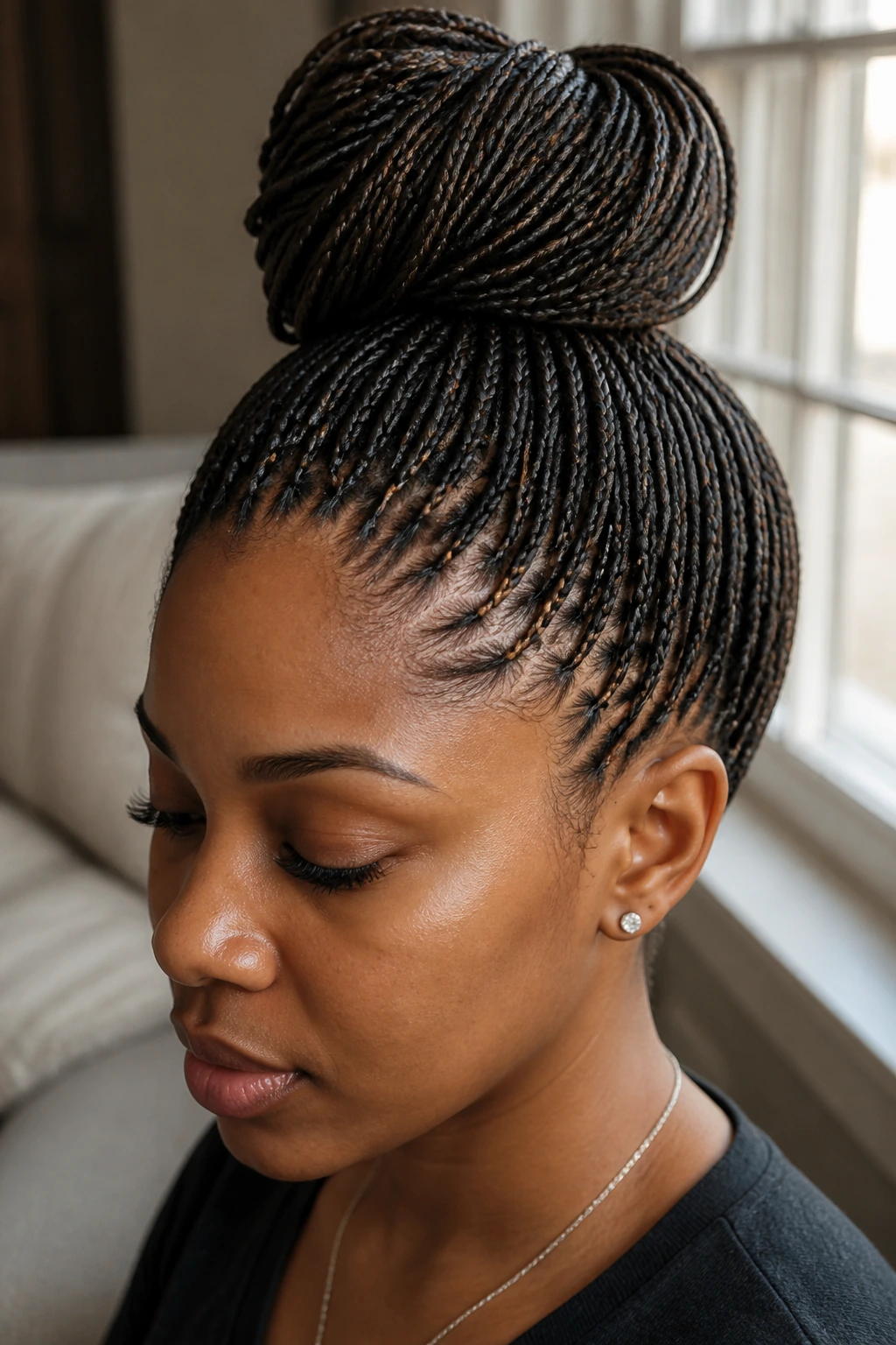 Close-up of a real person with micro braids in a high bun