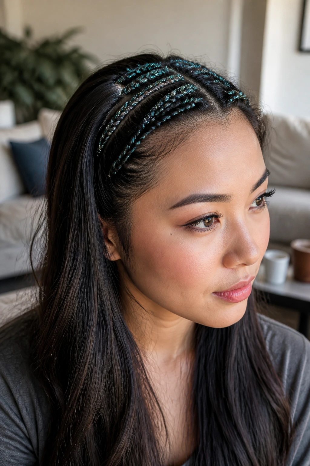 Close-up of a person with micro-braids and turquoise glitter along the part line