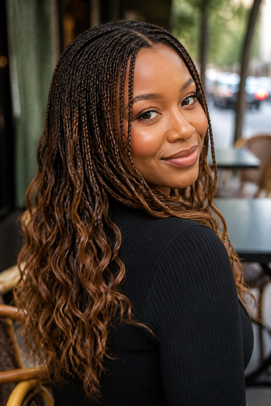 Close-up of micro-braids with wavy ends on a real person