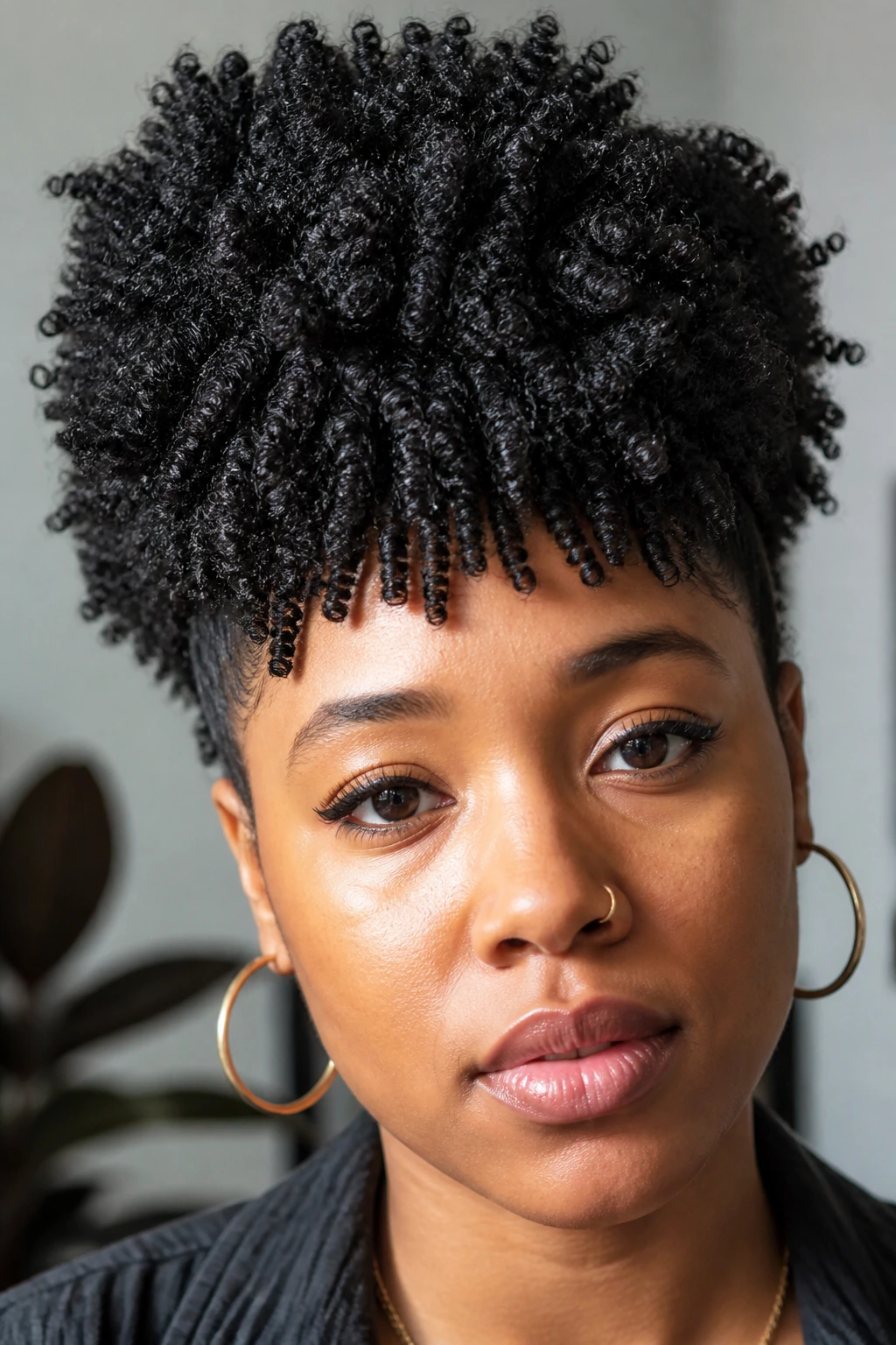 Close-up of a real person with a textured crown and micro-coil fringe
