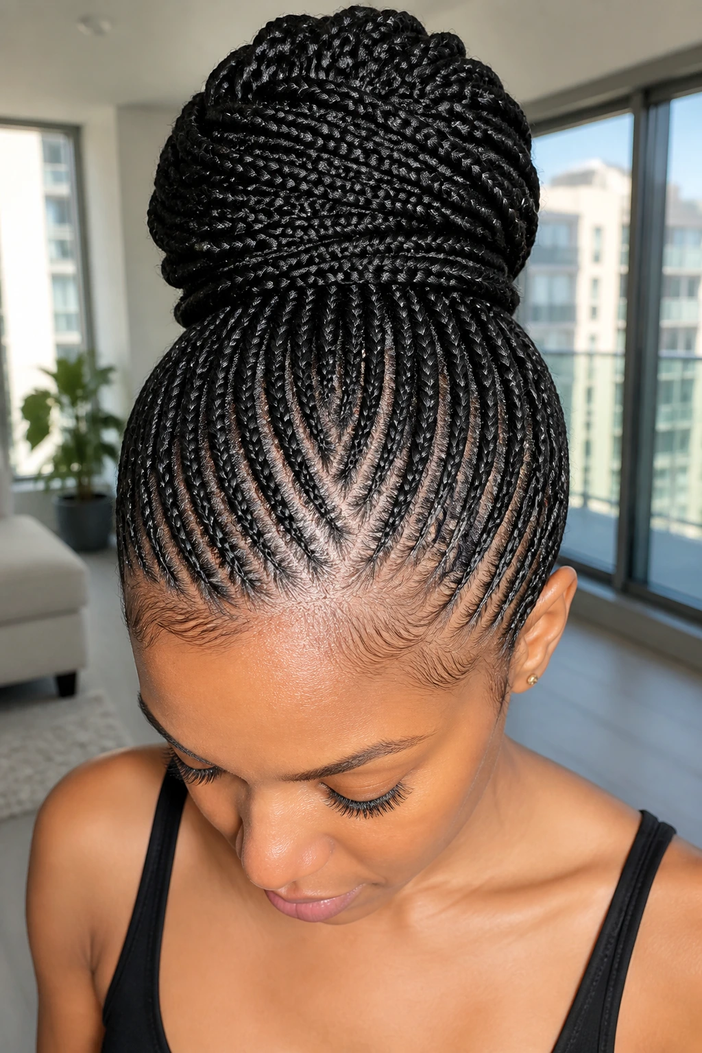 Close-up of a real person with micro-cornrows pulled into a high bun