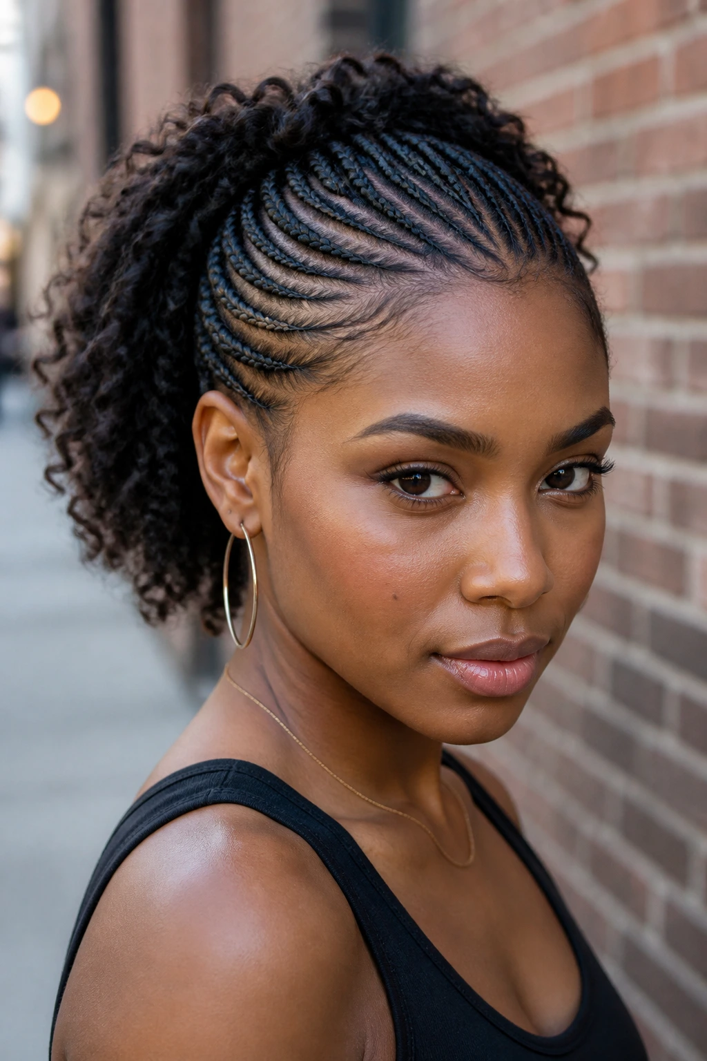 Real woman with micro-cornrows and a natural curly ponytail