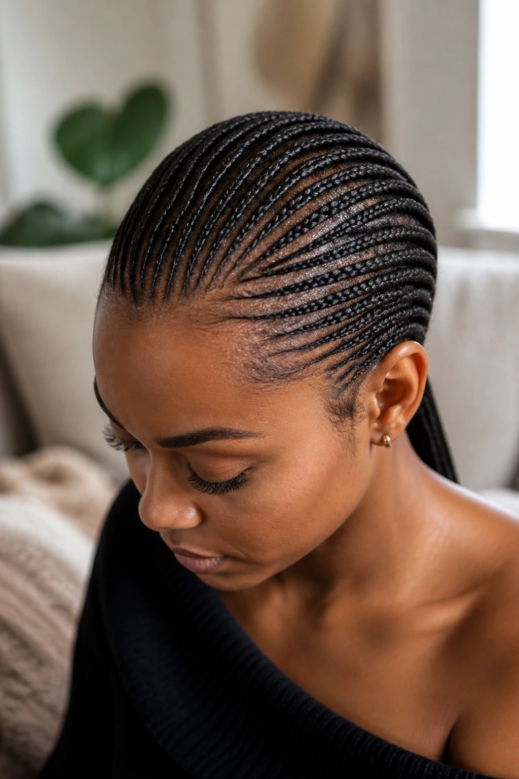Close-up of micro-cornrows on a real person.