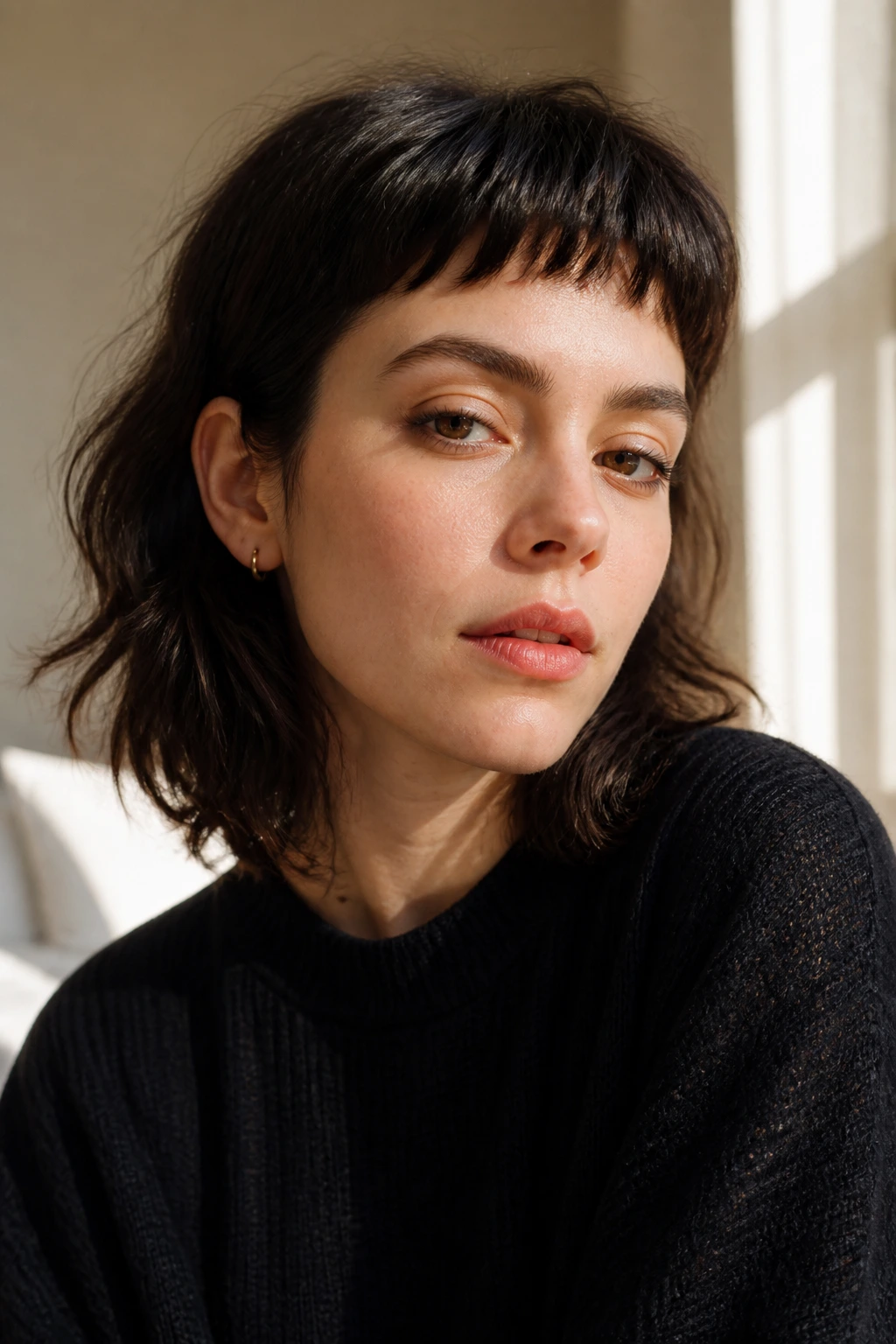 Portrait of a person with micro-feathered baby fringe