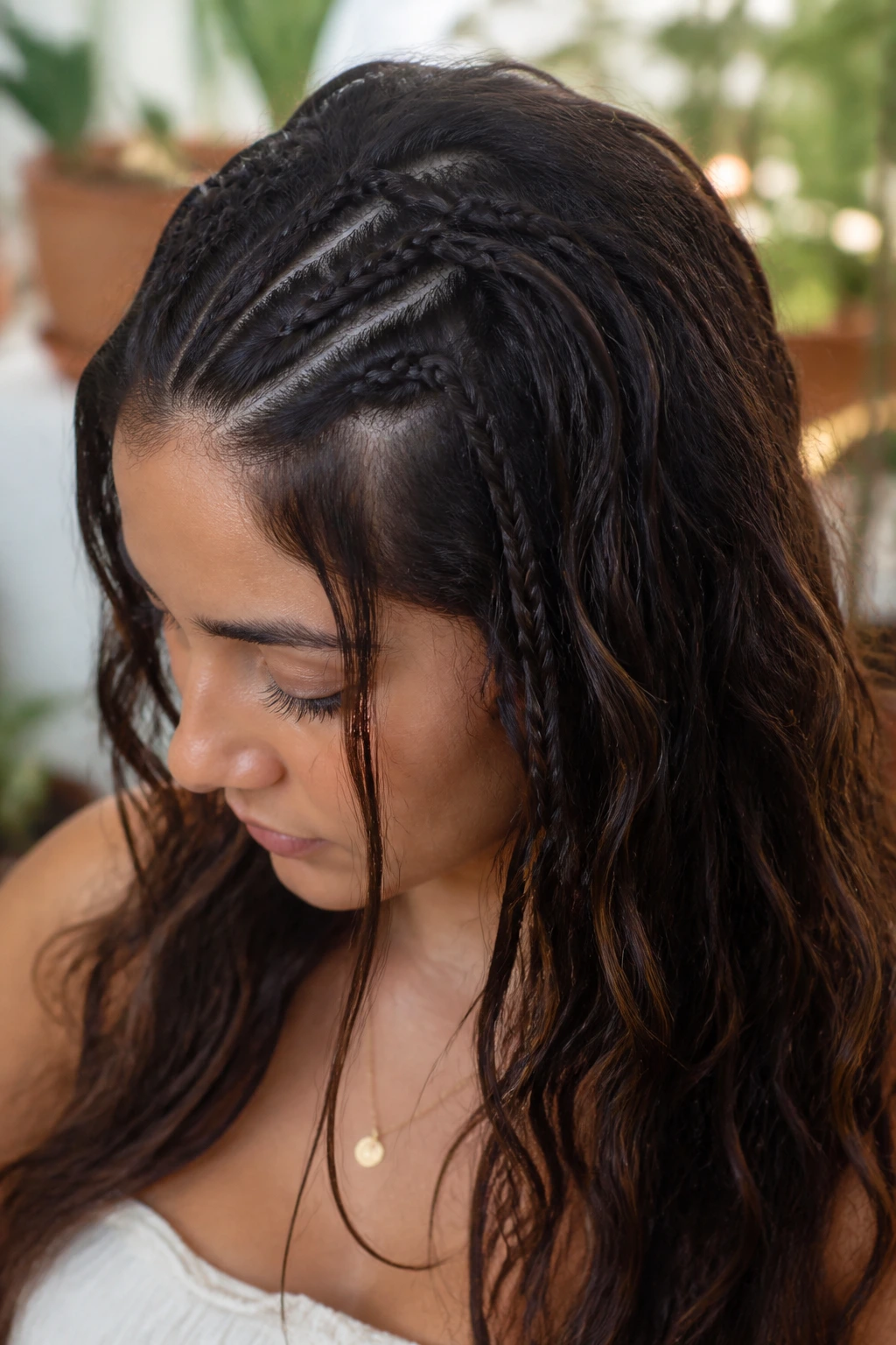 Close-up of tiny French braids across top of head with loose waves