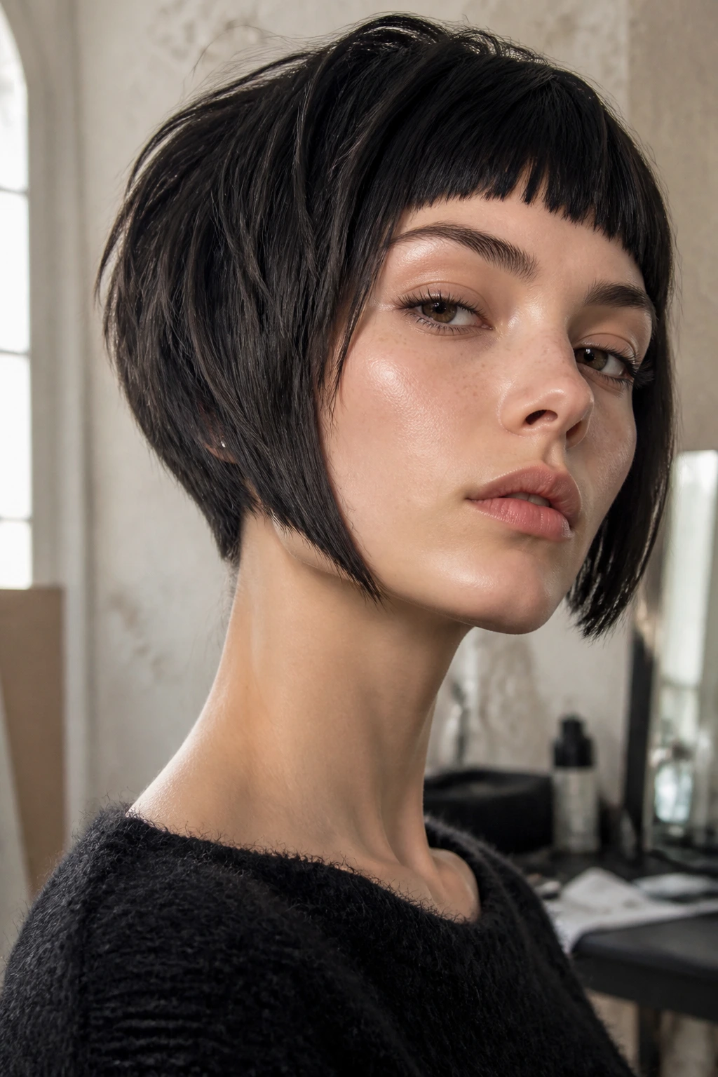 Real woman with micro-fringe angled wedge hairstyle backstage
