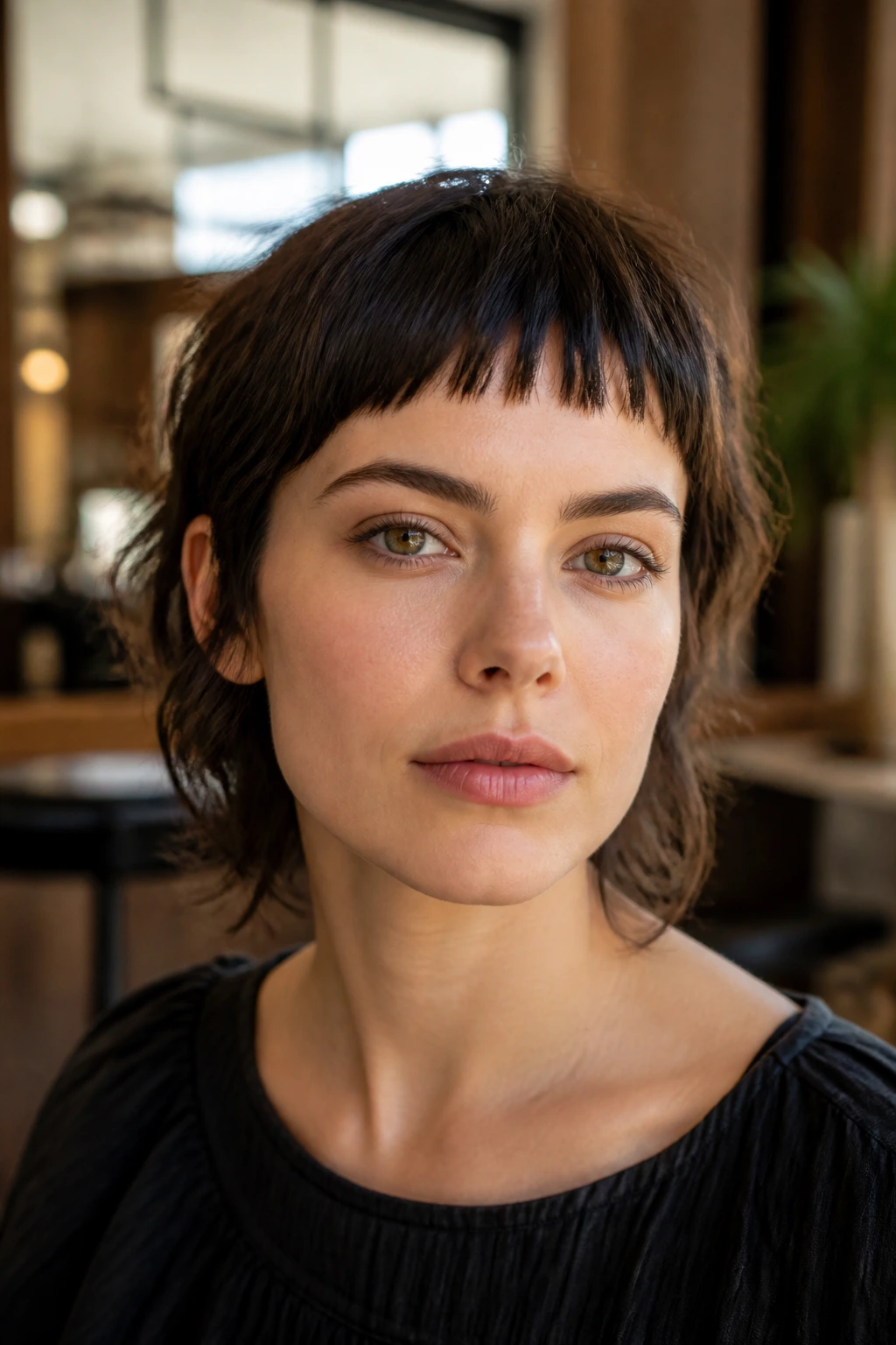 Close-up portrait of a woman with micro fringe balancing a heart-shaped face in warm salon light