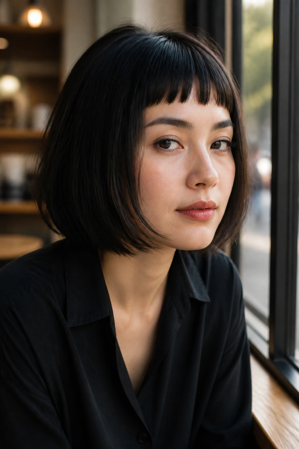 Portrait of a real woman with micro-fringe bangs in natural cafe light