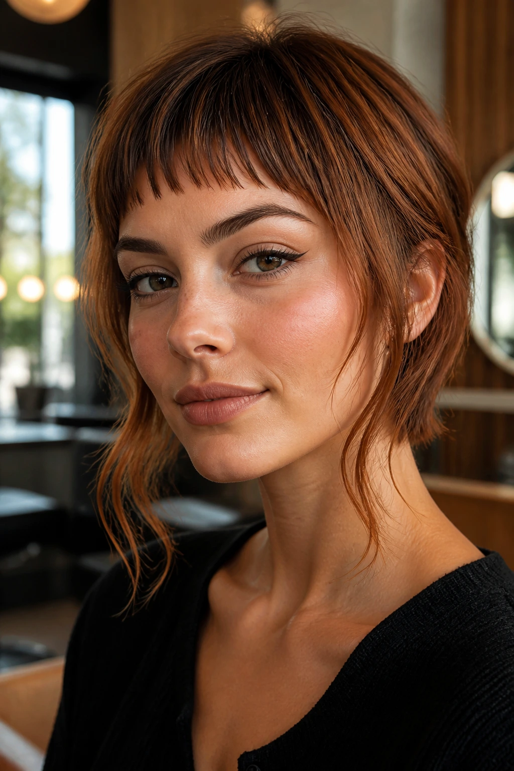 Close-up portrait of a woman with a cinnamon micro-fringe and face-framing tendrils
