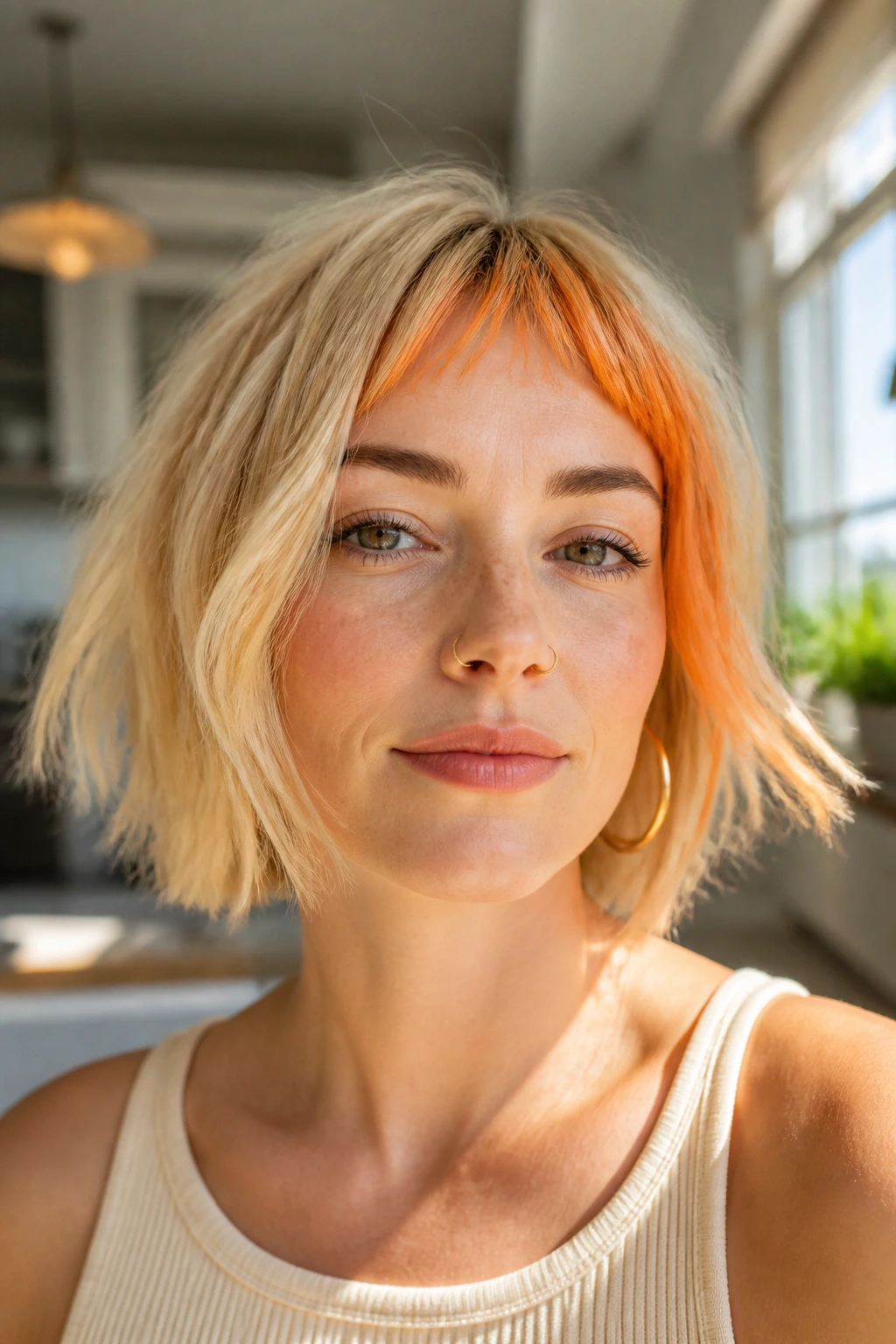 Close-up of a real woman with micro-fringe showing citrus undertones under the fringe.