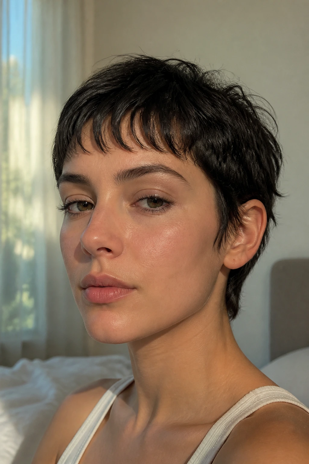Close-up of feathered micro fringe with ear-length crop in sunlit bedroom
