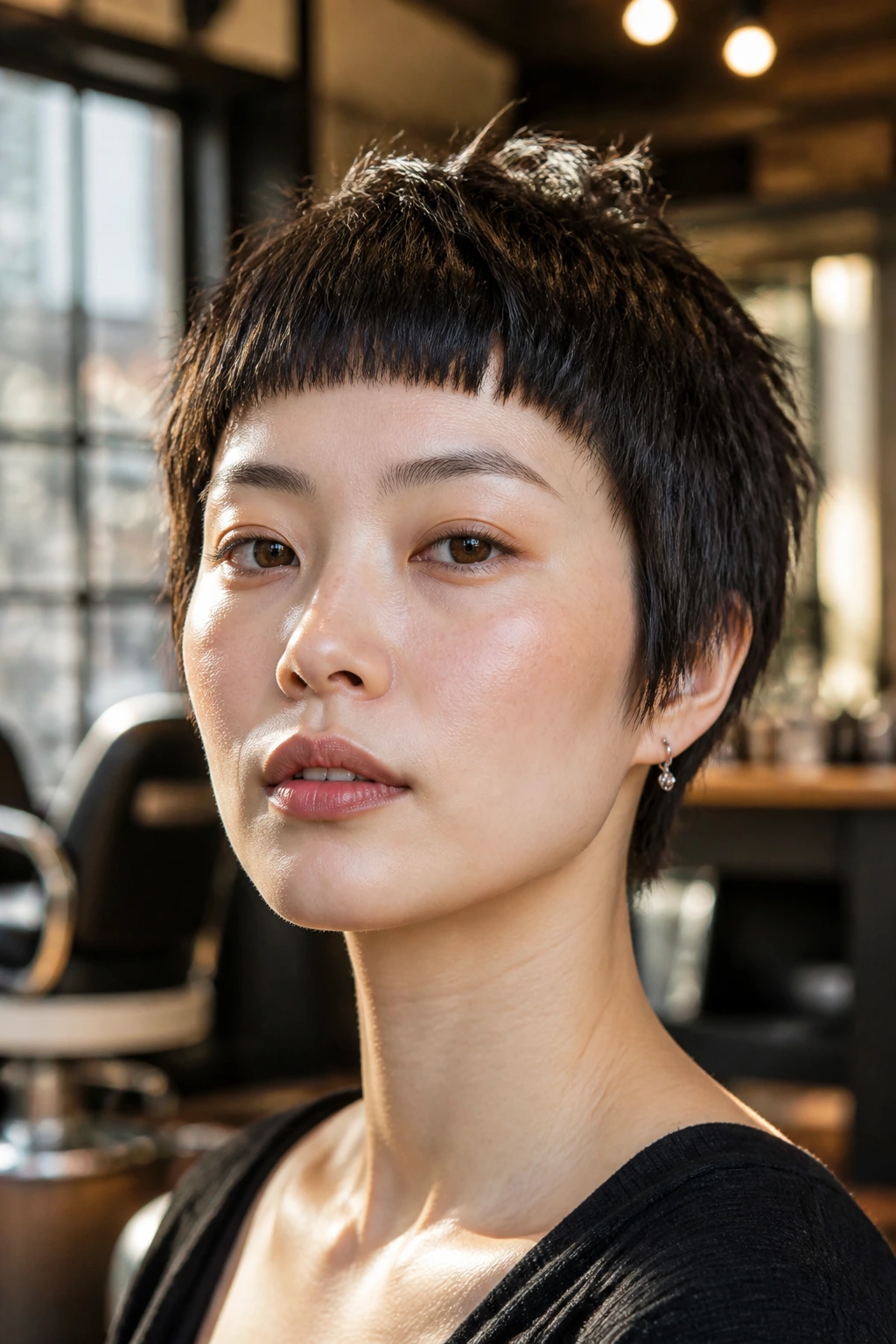 Close-up portrait of a real woman with micro-fringe fairy cut above the eyebrows, warm salon light