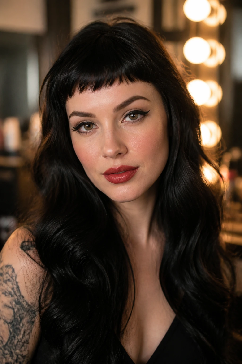 Close-up of feather-light micro fringe with retro waves on a real woman