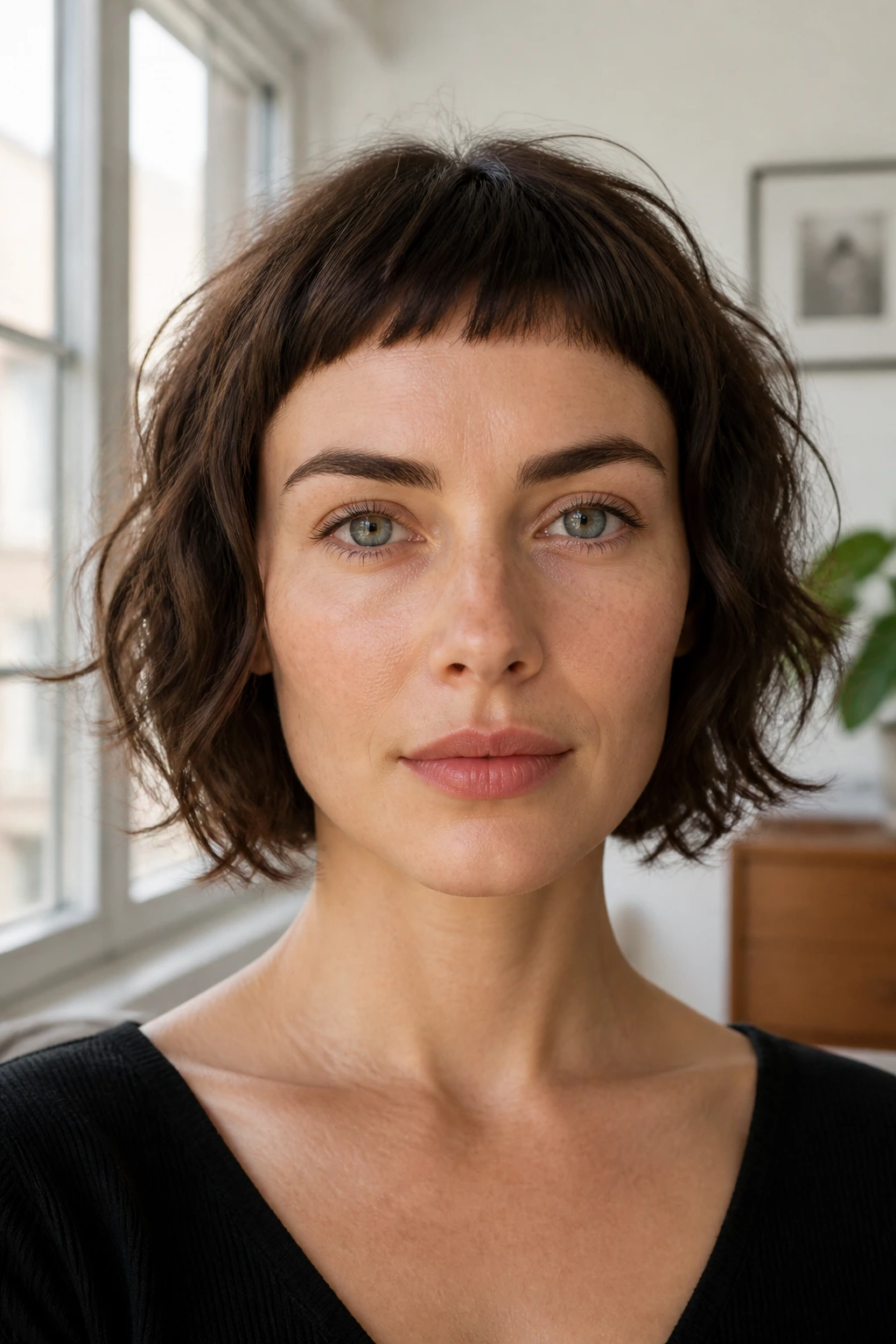 Portrait of a real person with a bold micro-fringe shag.