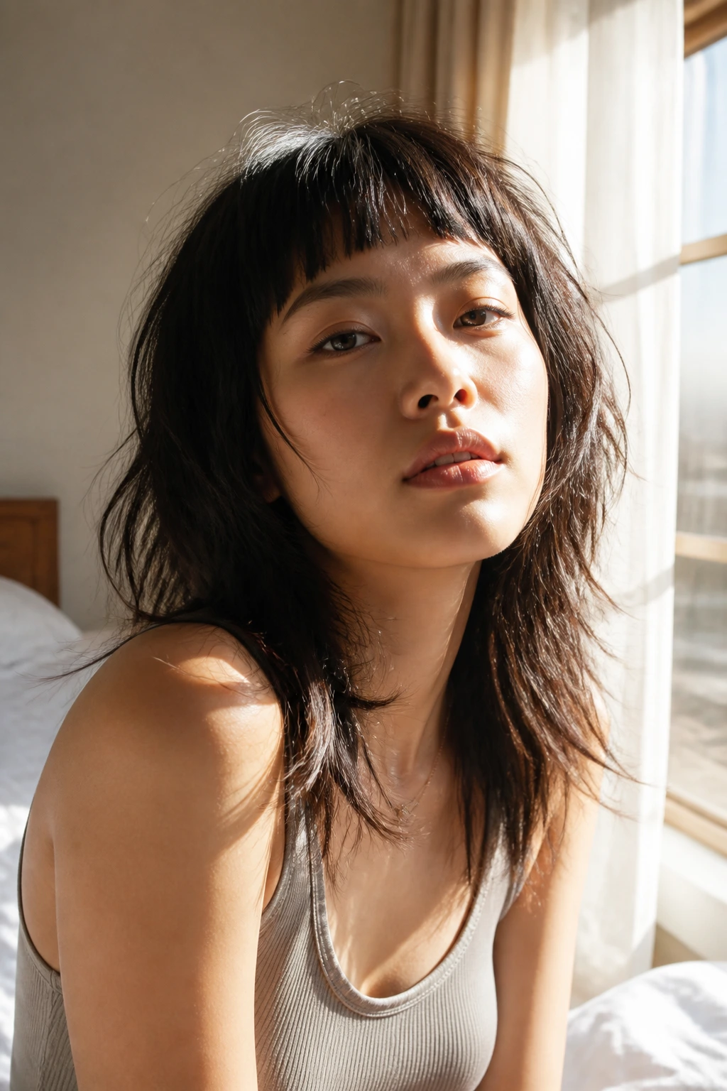Close-up of a woman with micro-fringe and shaggy layers in a sunlit room