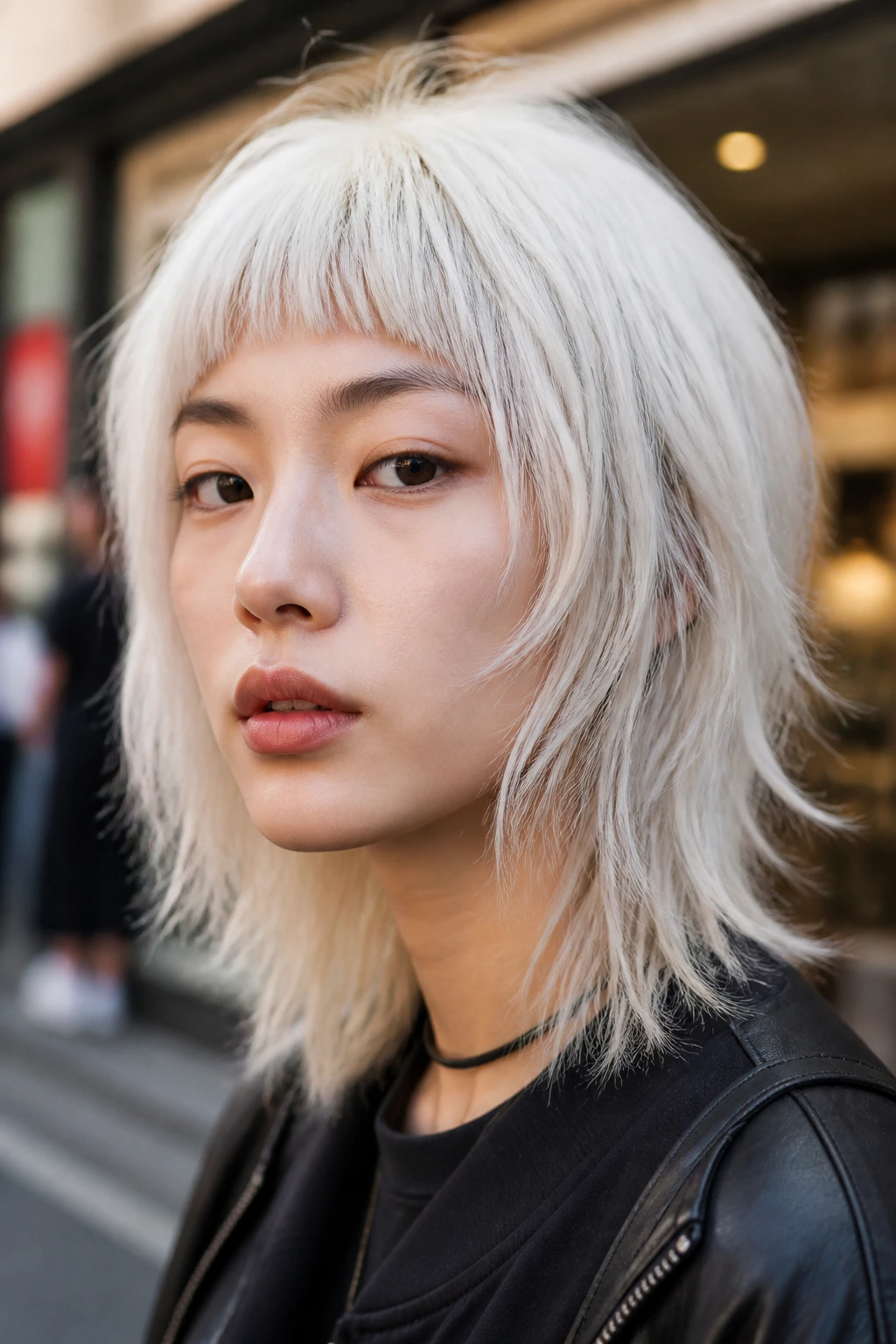Close-up portrait of a real person with micro fringe and shaggy layers in white hair.