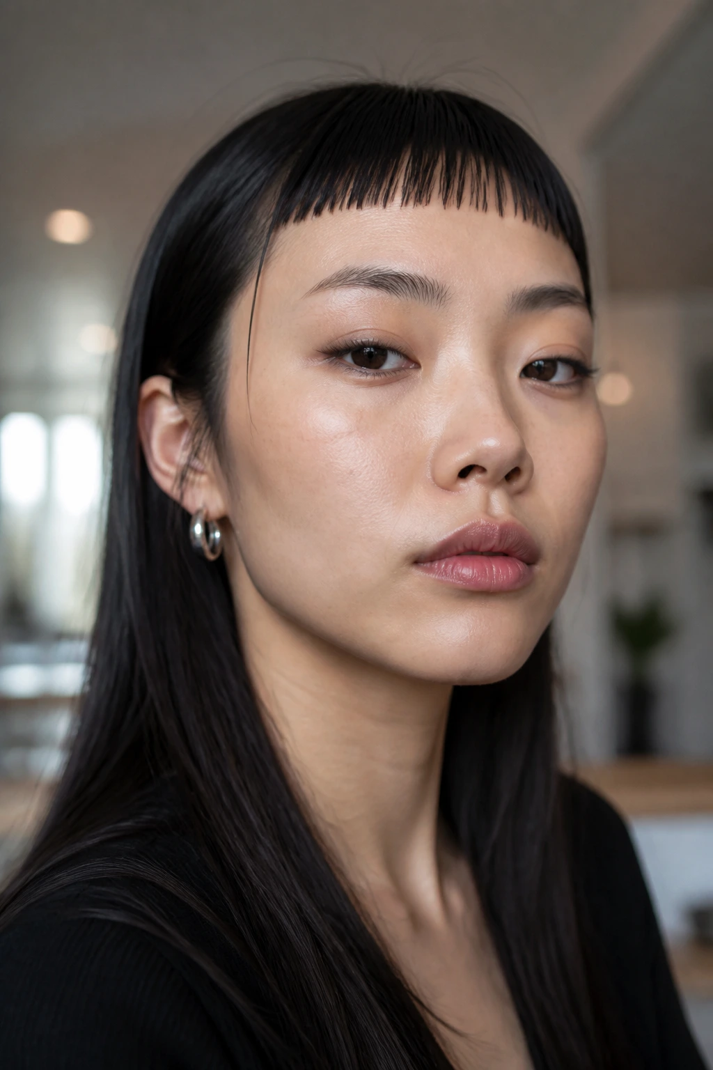 Close-up of a person with ultra-short micro fringe under bright light