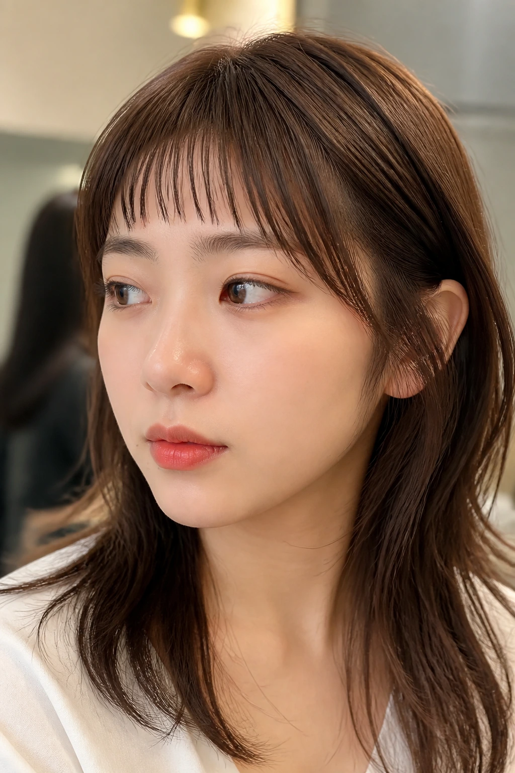 Close-up of a real person with a micro fringe above the eyebrows in natural light