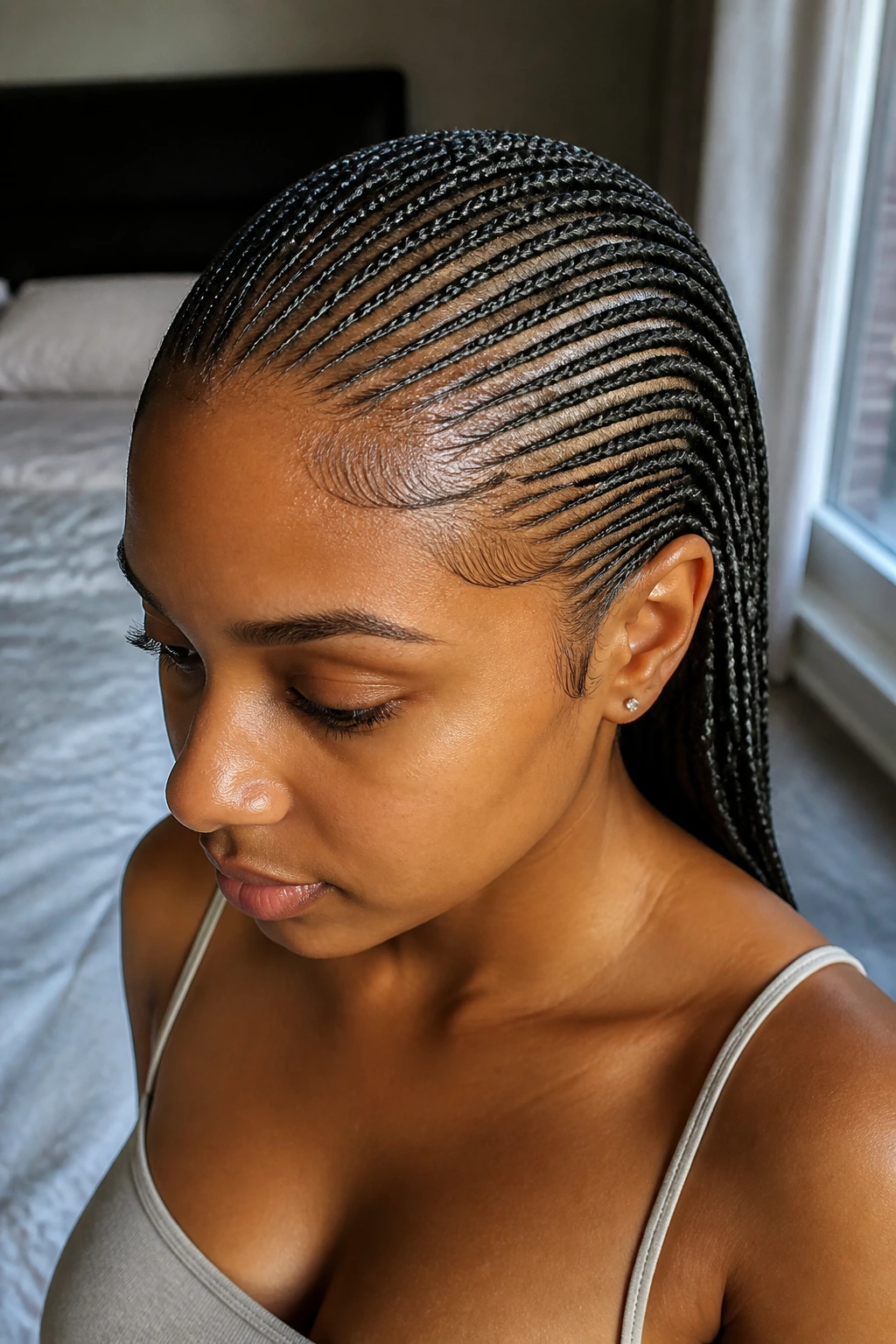 Close-up portrait of a real woman with classic micro-pencil braids and a damp scalp.