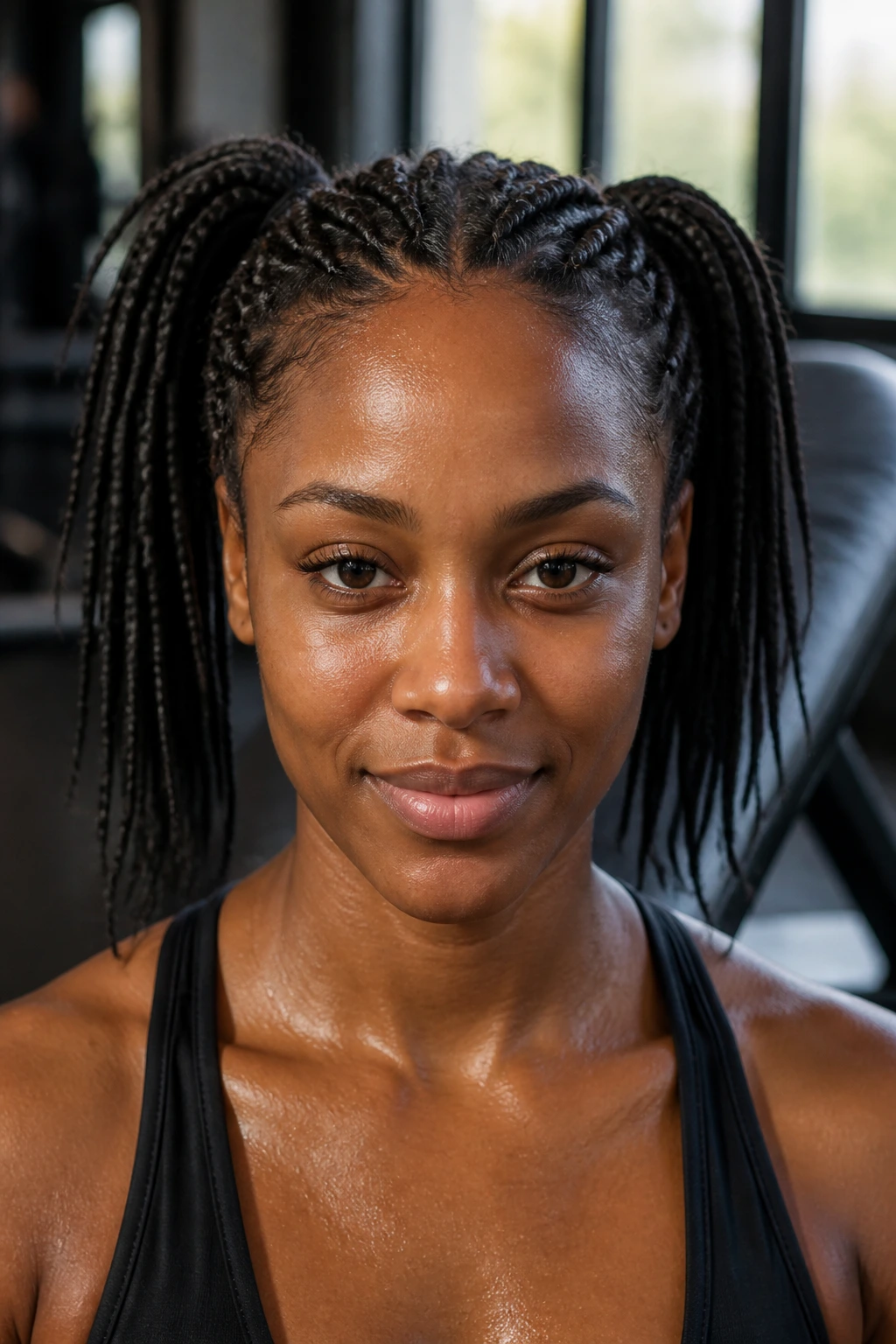 Close-up of a real woman with micro-pigtails at the temples during workout.