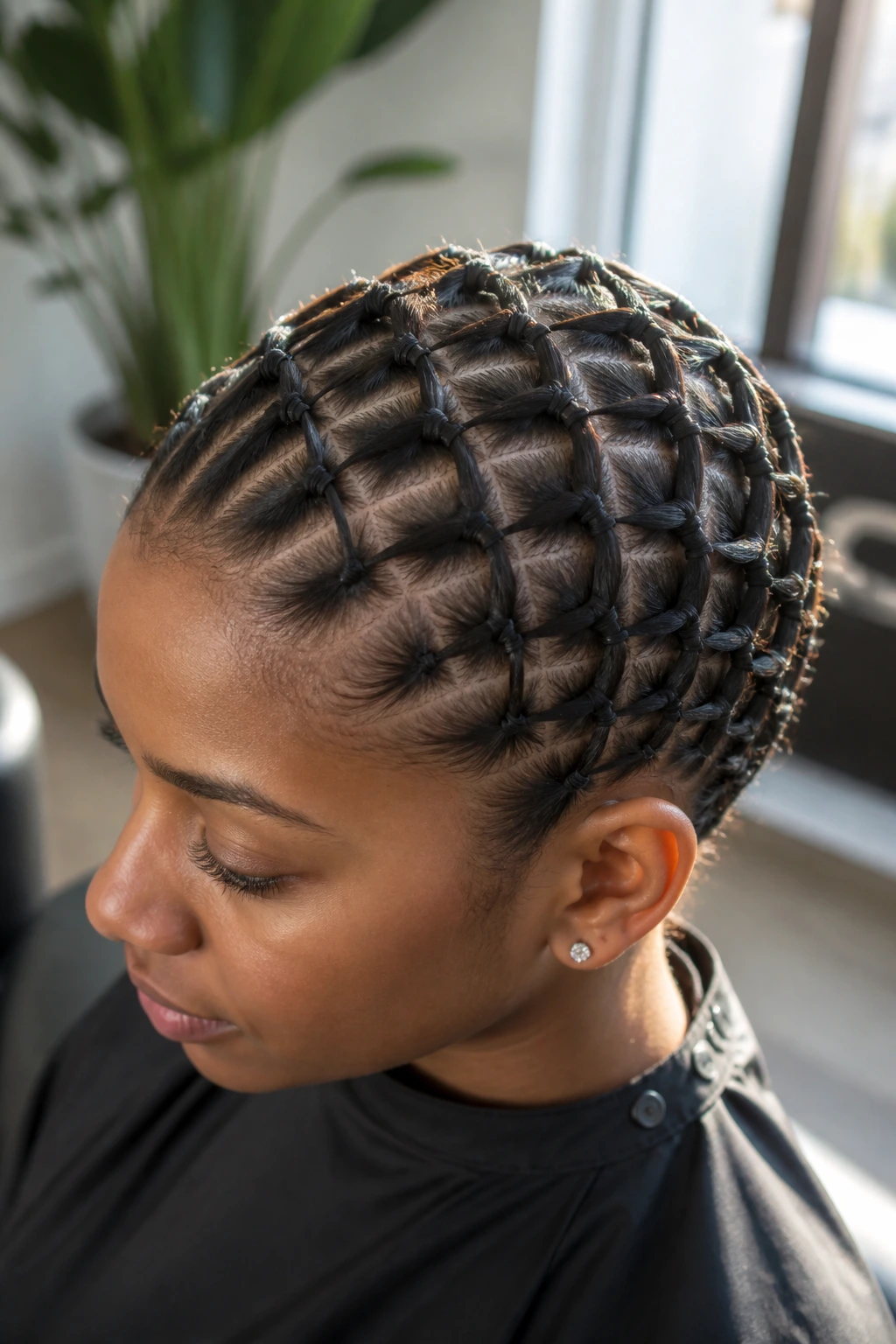 Close-up of a real person with an interlocking micro pony web hairstyle across the scalp