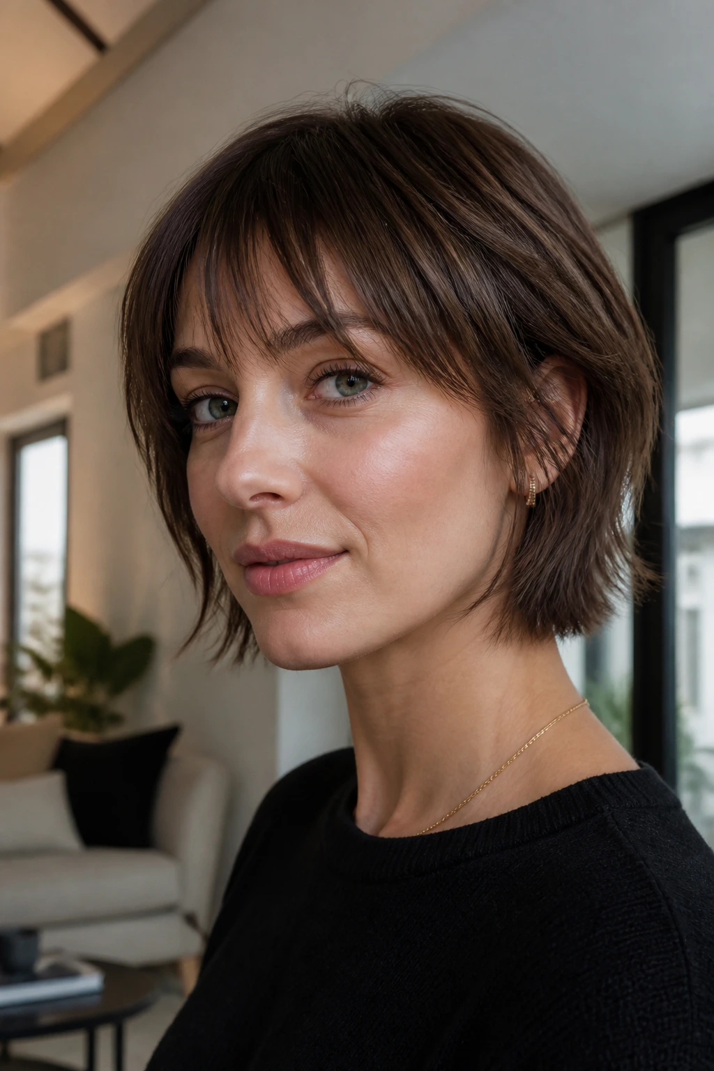 Close-up portrait of a woman with minimalist micro-shag showing subtle layers and shine