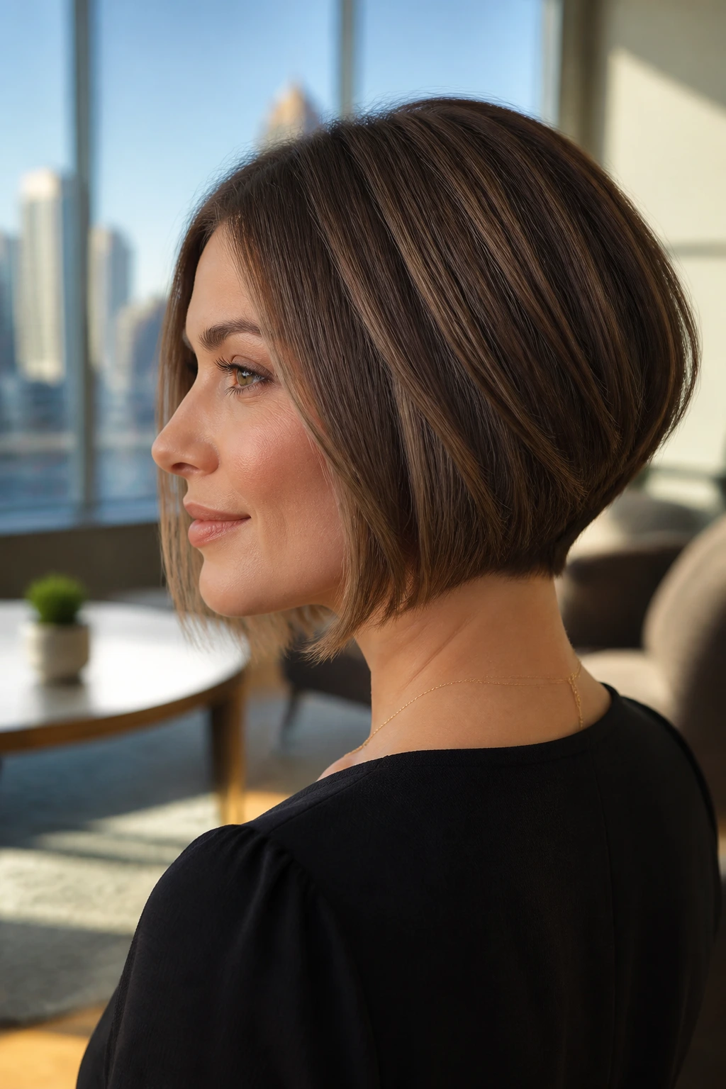 Close-up portrait of a real woman with a classic micro-stacked bob in an office setting