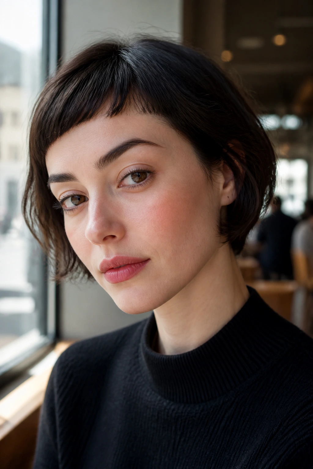 Close-up portrait of a real woman with Micro-Sweeping Baby Bangs high on the forehead