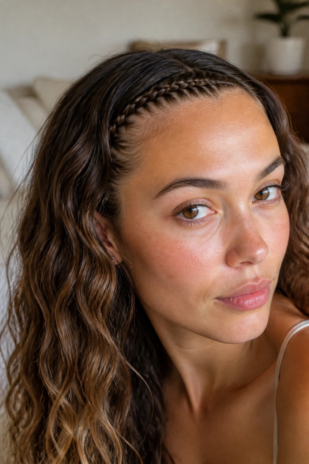 Close-up of a real woman with a tight micro-braid along the hairline and wispy waves