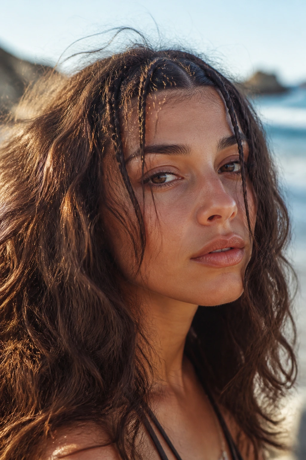 Close-up of a real woman with micro braids along the fringe over wild waves