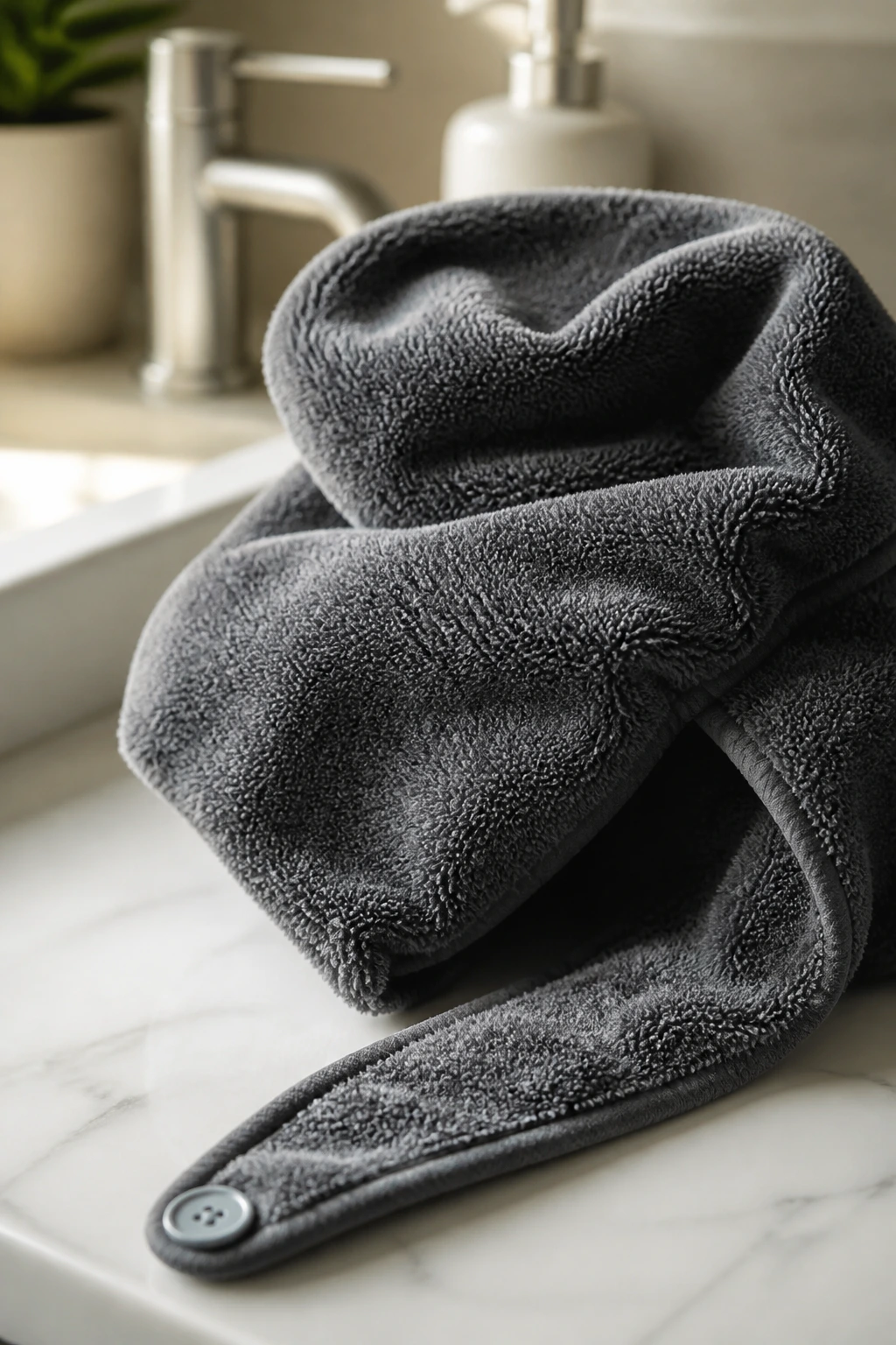 Close-up of microfiber hair towel on bathroom counter