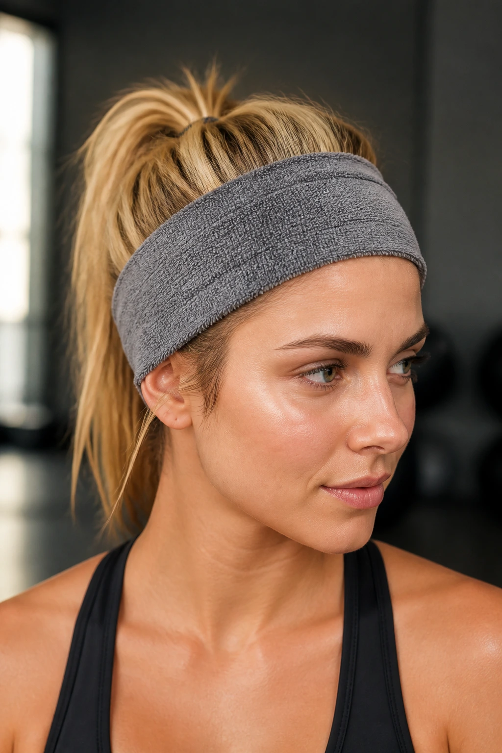 Close-up of a real person wearing a wide microfiber headband along the hairline
