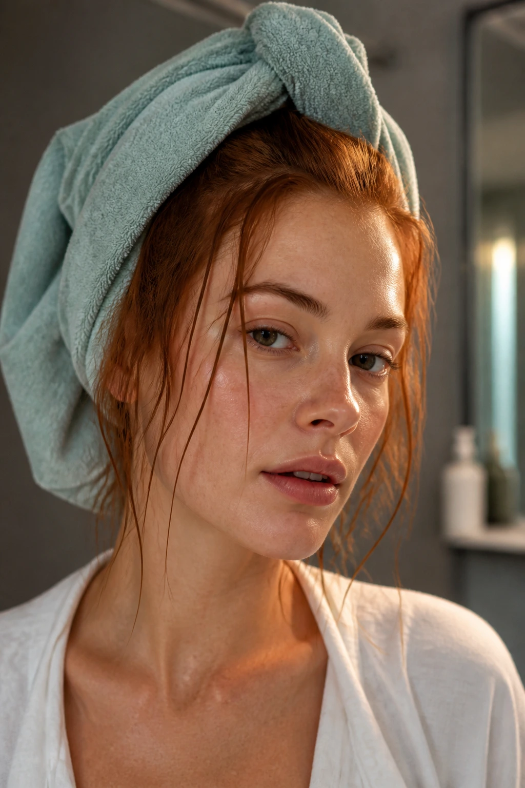 Real person with damp hair wrapped in microfiber towel for minimalist hair care