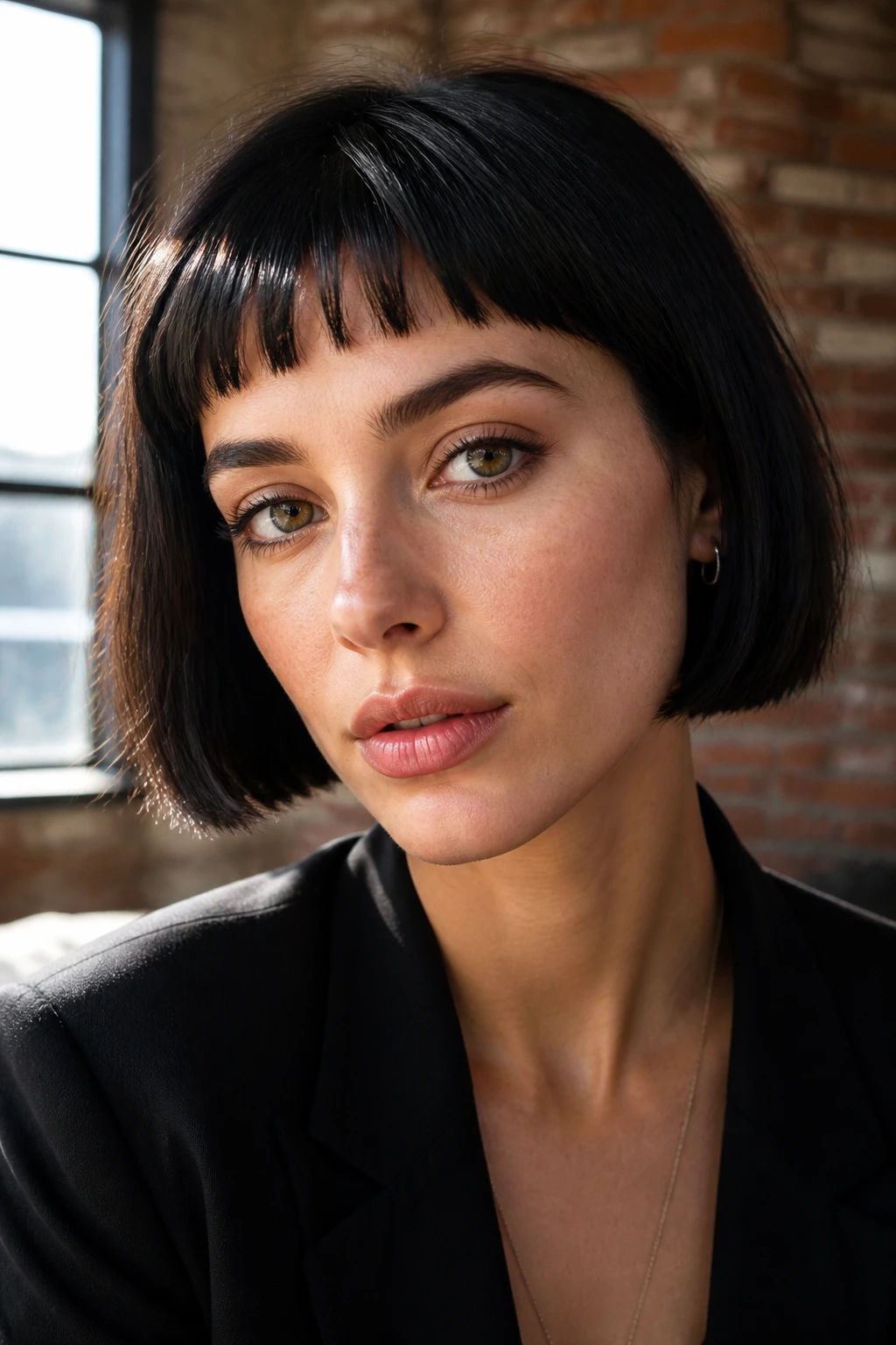 Close-up portrait of a real woman with micro-fringe bob and half-length bangs