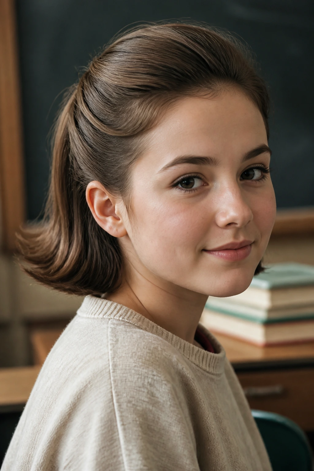 Portrait of a student showing a mid-century flip ponytail with the end curving upward.