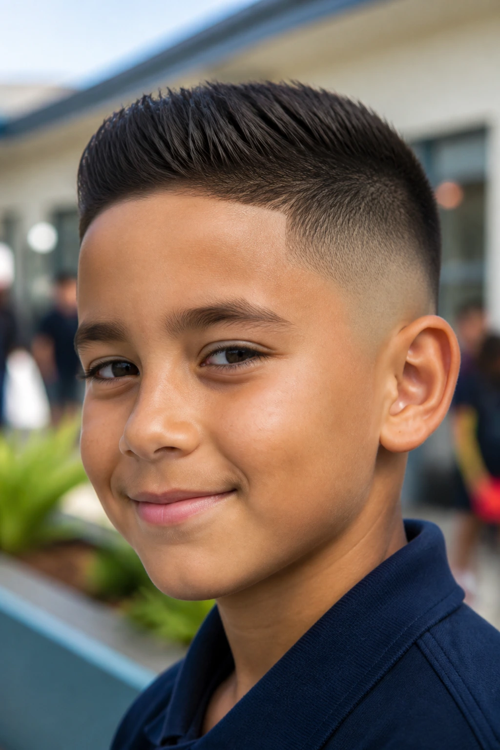 Close-up of a child with clean-cut mid-fade haircut in a classroom courtyard