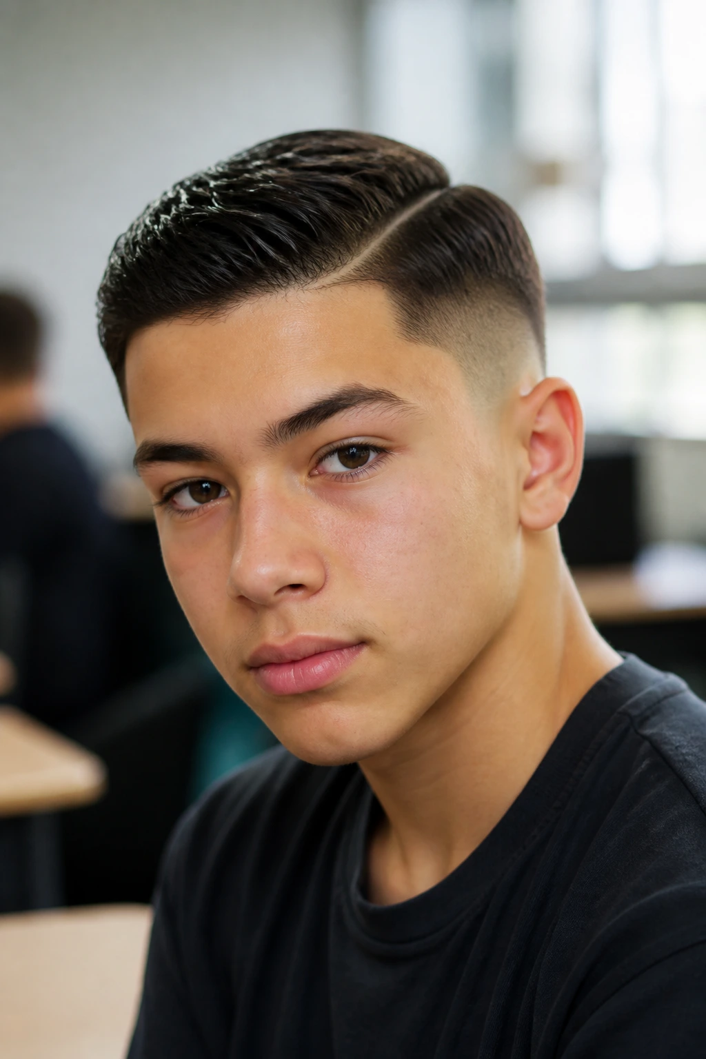 Teen boy with mid fade and part hairstyle, close-up portrait in classroom backdrop