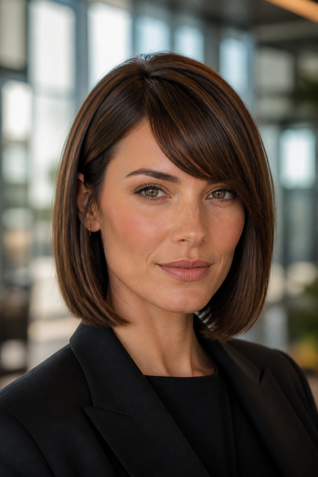 Close-up portrait of a real woman with a mid-length blunt bob and side-swept bangs