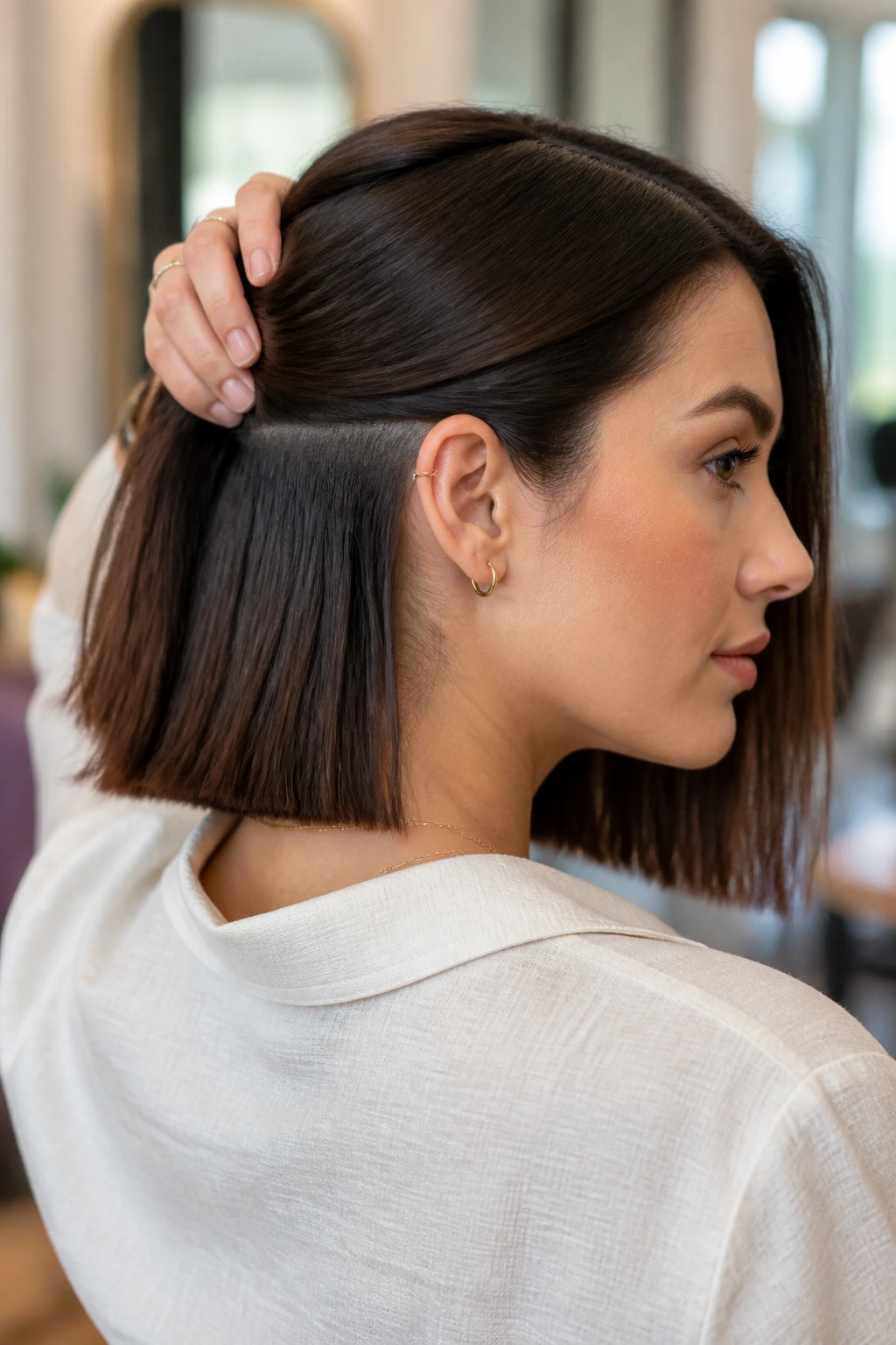 Close-up of a real woman with mid-length blunt cut and hidden nape undercut, warm window light