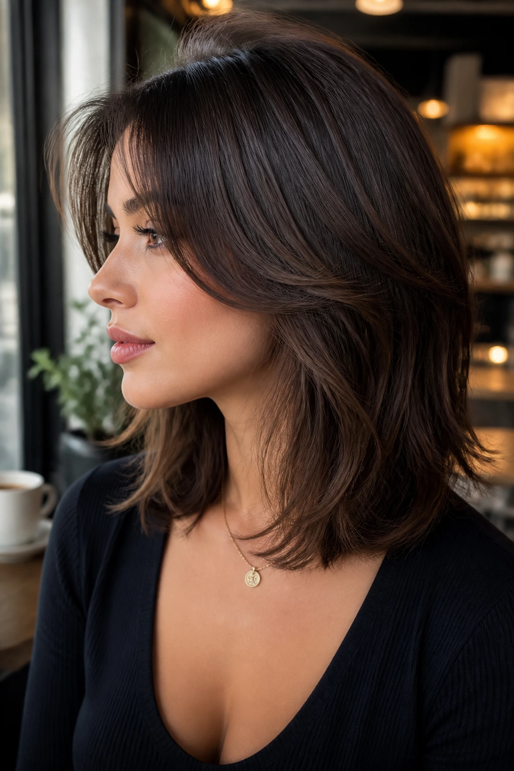 Close-up portrait of a real woman with a collarbone-length butterfly transition.