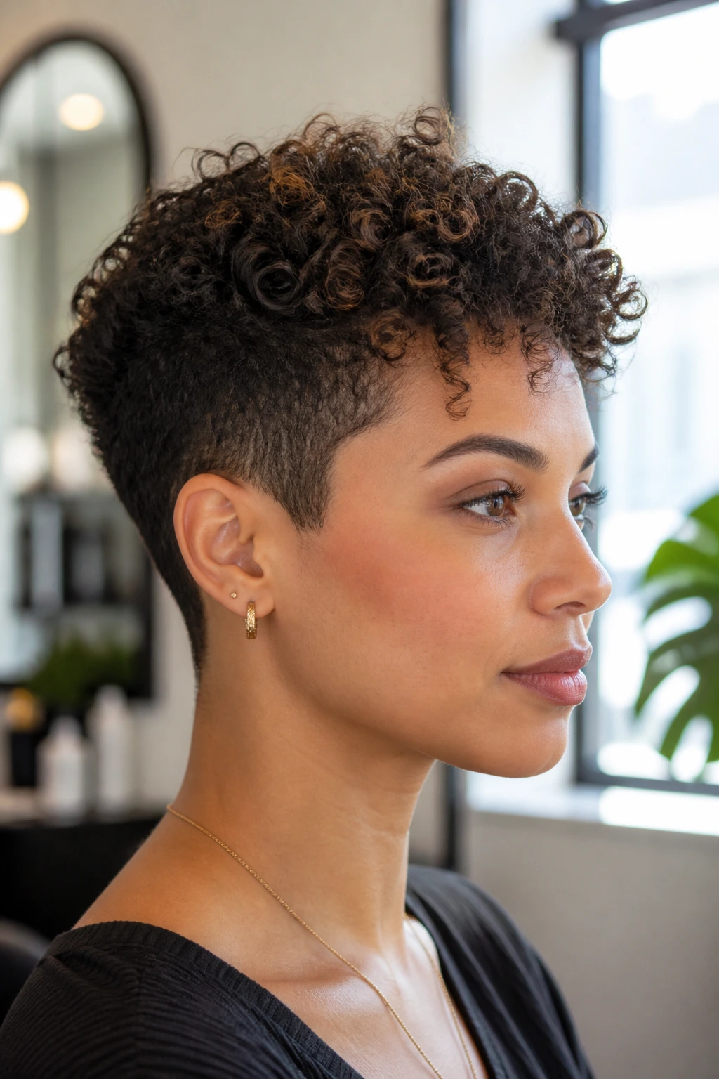 Close-up portrait of real person with mid-length tapered curls.