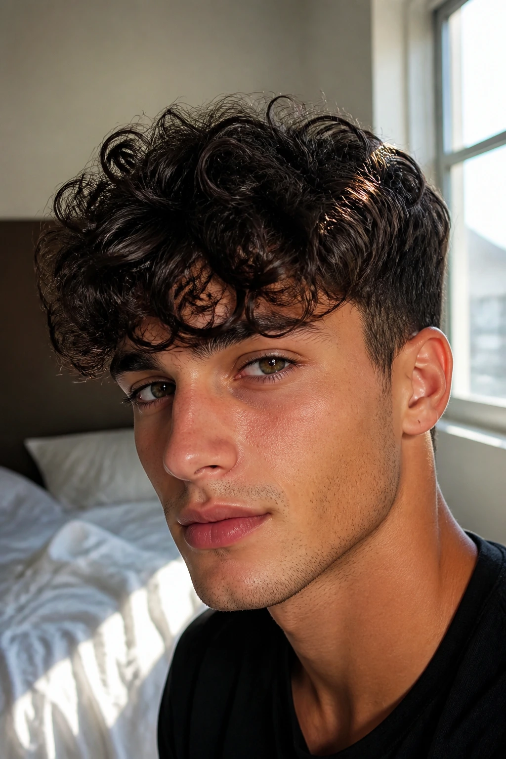 Man with mid-length curly fringe framing the forehead in a sunlit room