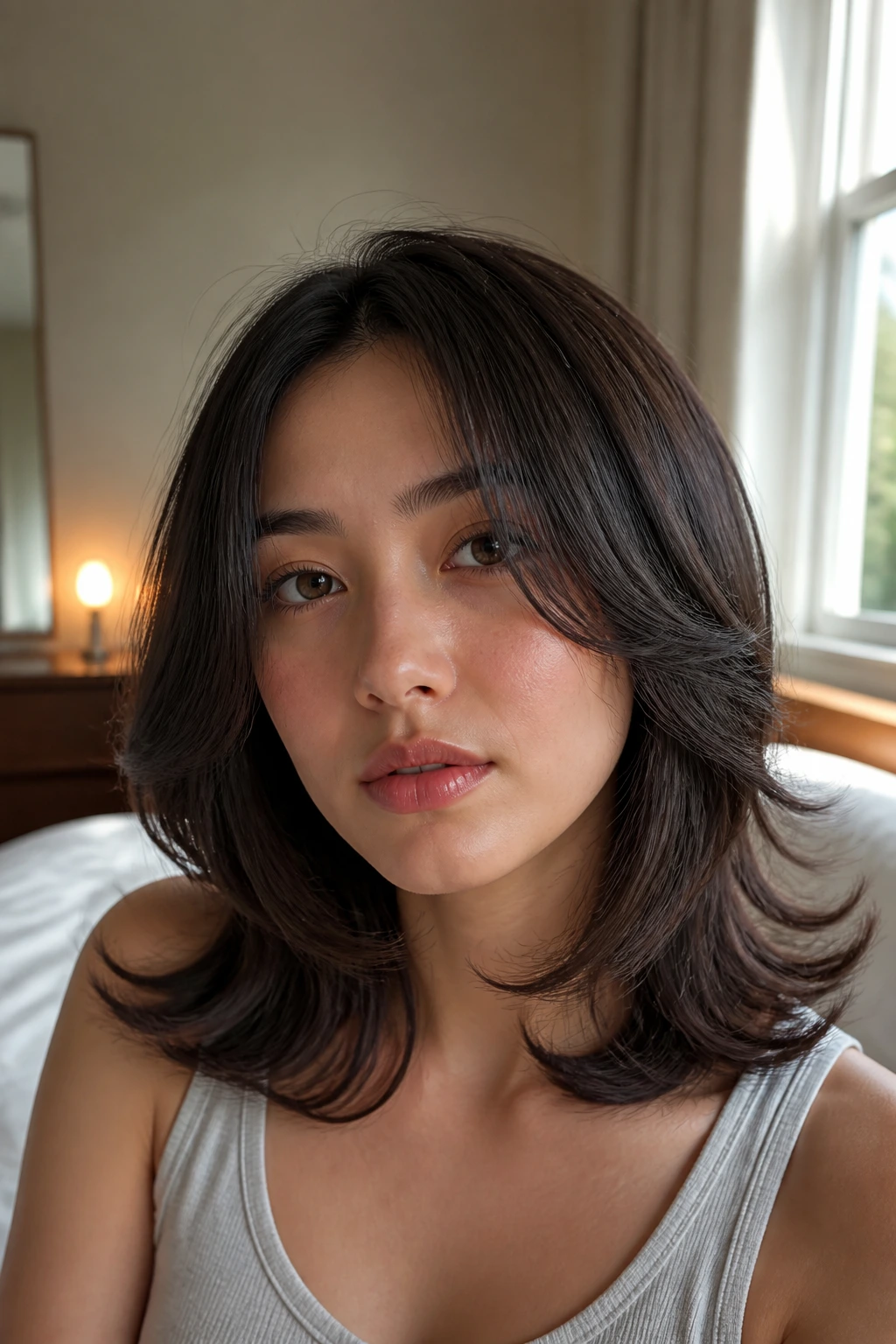 Close-up portrait of a real woman with a mid-length feathered flick hairstyle