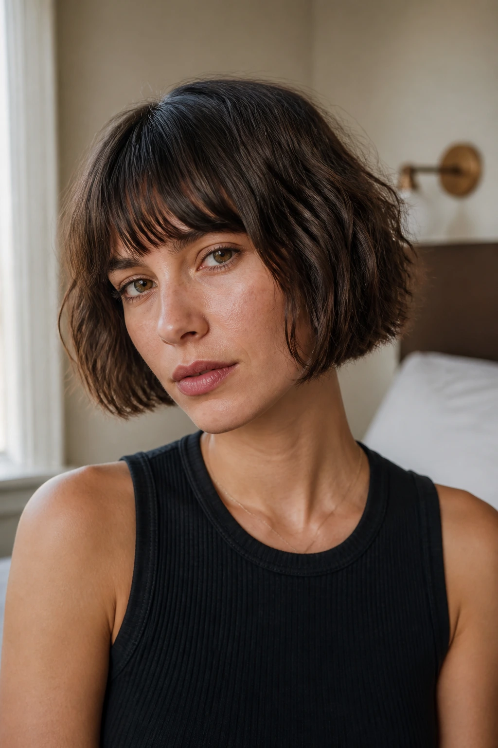 Close-up portrait of a real person with a mid-length French crop below the cheekbone