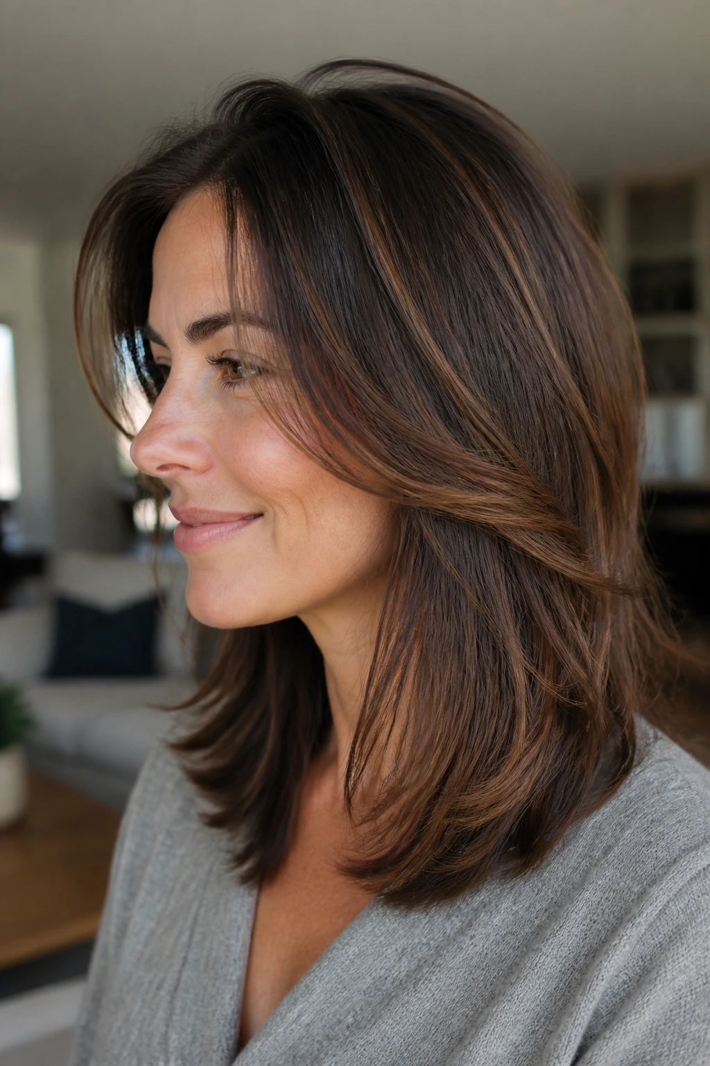 Close-up portrait of a real woman with mid-length hair showing internal layers.
