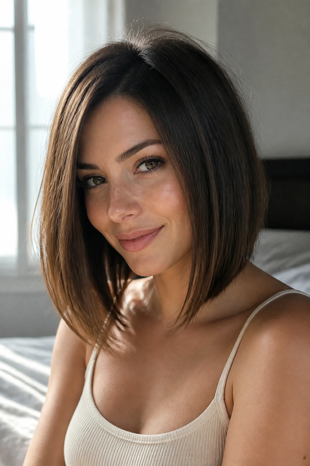 Close-up of a real person with mid-length inverted lob at collarbone length in a sunlit bedroom
