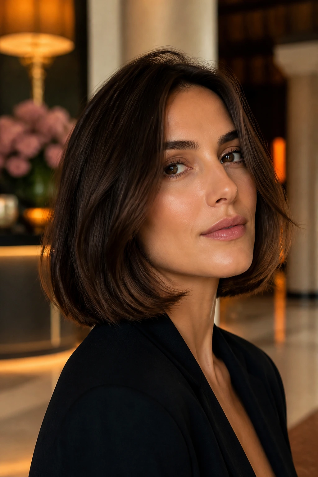 Close-up portrait of a person with a mid-length Italian bob in a luxurious setting