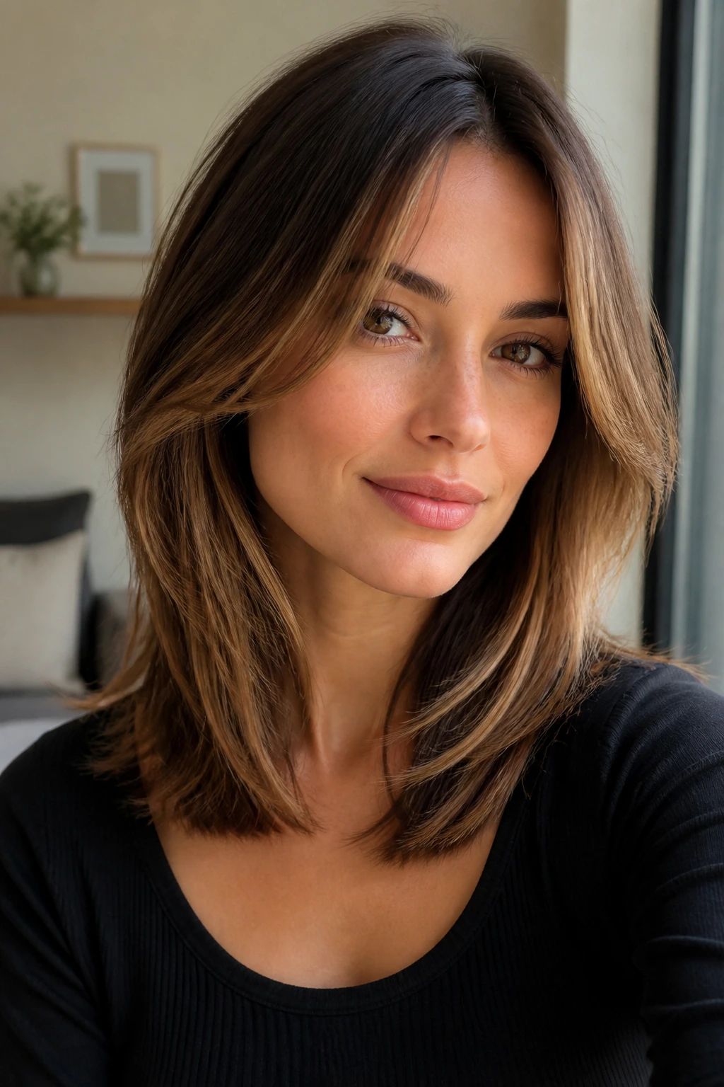 Portrait of a real person with mid-length cut and face-framing layers