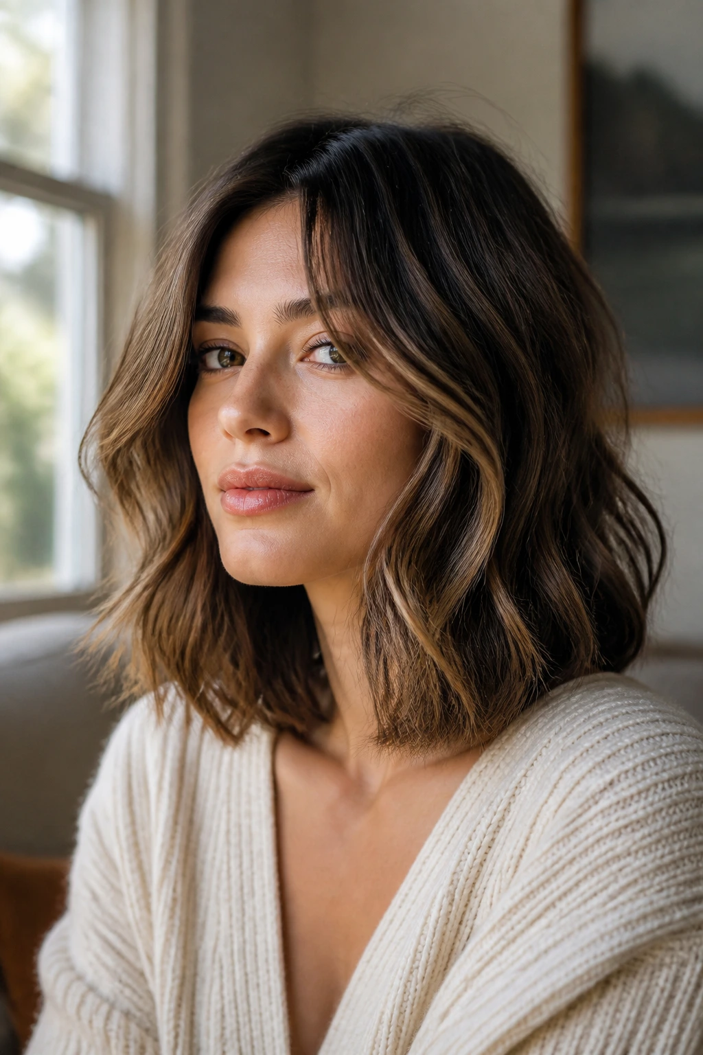 Close-up portrait of a real woman with a collarbone-length layered wavy bob