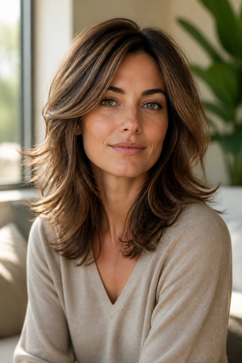 Medium close-up of a woman with voluminous mid-length layers.